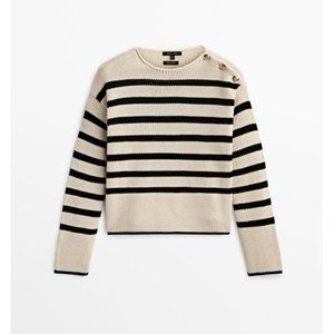 Massimo Dutti Women's Natural Striped Cotton Sweater Black/Ecru Size XS